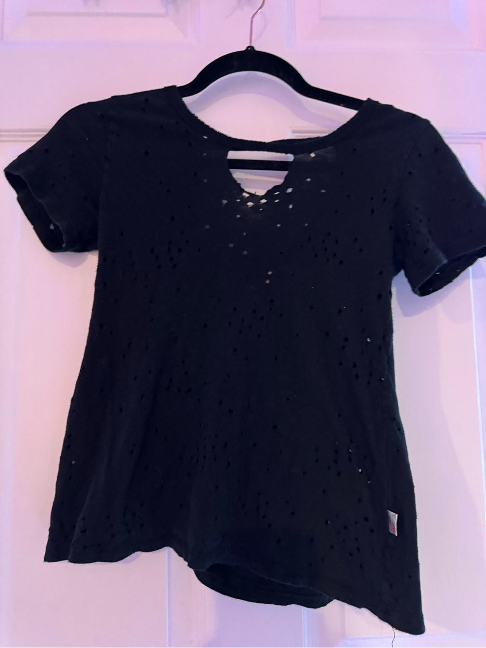 T2 Love Black Distressed Short Sleeve Tee with Cutout Neck